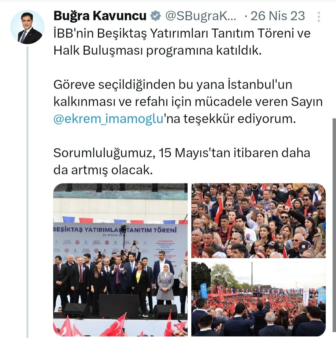 Buğra Kavuncu daha 9 ay önce bu tiviti atmış. Şimdi ne diyecek tam olarak oy isterken, 'İmamoğlu'nun belediyeciliği aslında çok iyi ama biz son seçim sürecinde CHP'ye alındığımız için gene de ona kaybettirmeye çalışıyoruz' mu diyecek?