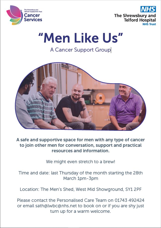 We are thrilled to announce we have a brand new support and information session, run by men, for men.
Come along to the first session and help shape future support for men affected by cancer!

#personalisedcare #menlikeus #mensshedshrewsbury #sath #cancerservices #supportgroup