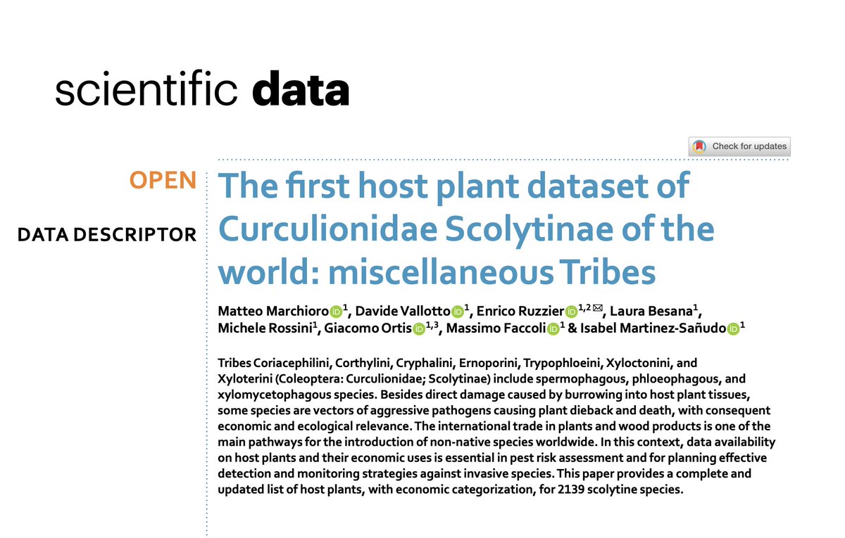 The second contribution on Scolytinae host plants has been just released on @ScientificData pdf here: researchgate.net/publication/37… Dataset here: doi.org/10.5281/zenodo… #Beetles #coleoptera #pests #hostplants #botany