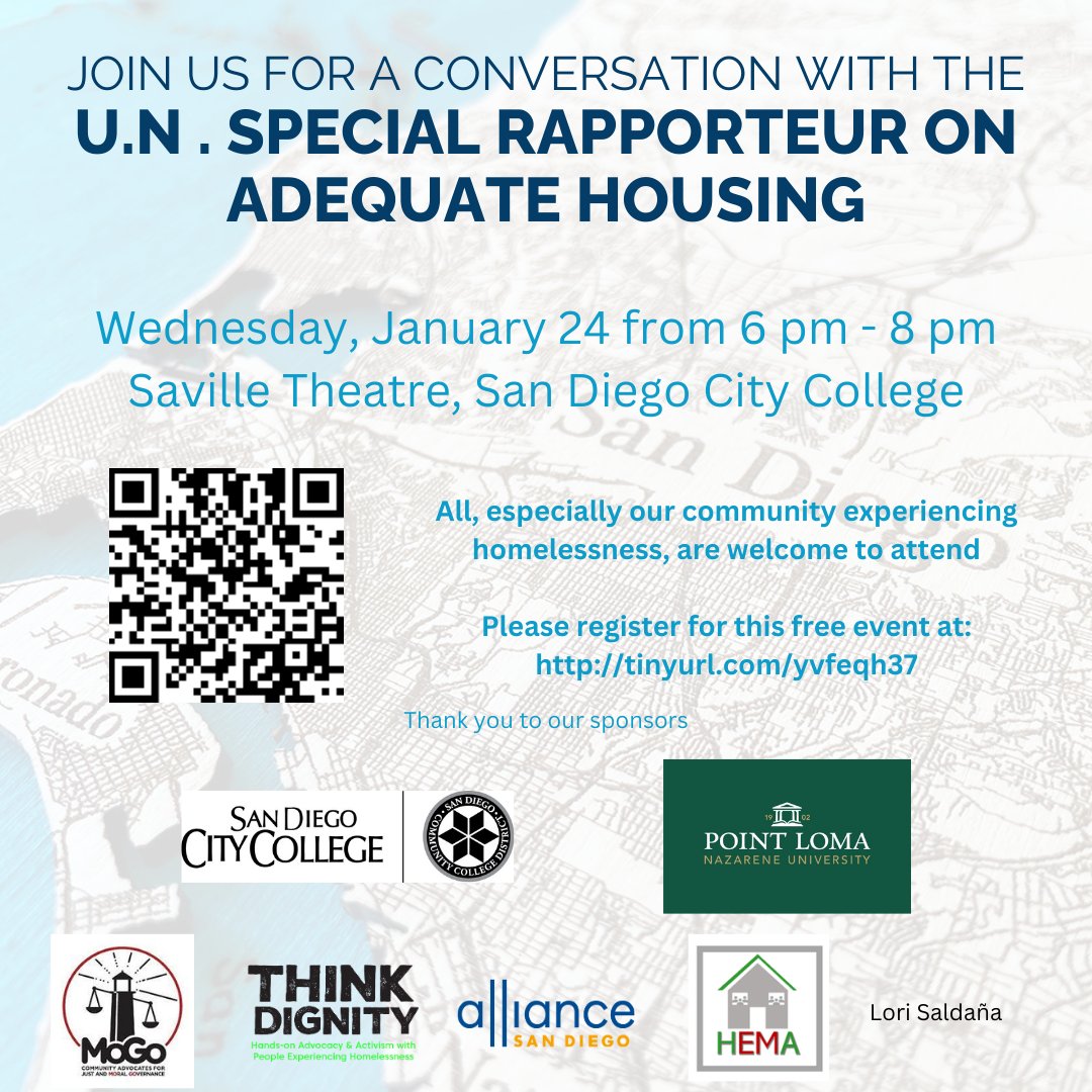 Alliance San Diego on X: 🗓️TODAY, Jan. 24 from 6-8pm: Join us for a  conversation w/the UN Special Rapporteur on Adequate #Housing at the  Saville Theatre at San Diego City College. All
