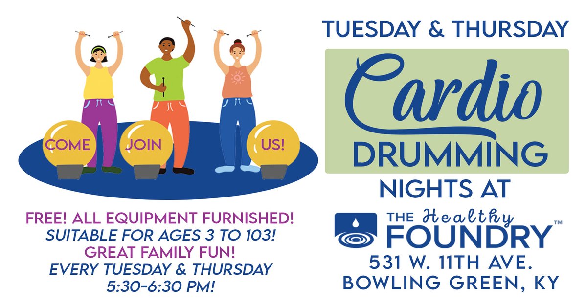 thefoundrybg's tweet photo. Tuesdays and Thursdays are CARDIO DRUMMING NIGHTS at The Foundry!!! And it's FREE!!! Come join us at 531 W 11th Ave here in BG!!

#TheFoundryBG
#WestEndBG
#cardiodrumming https://t.co/iRkyc9seI0