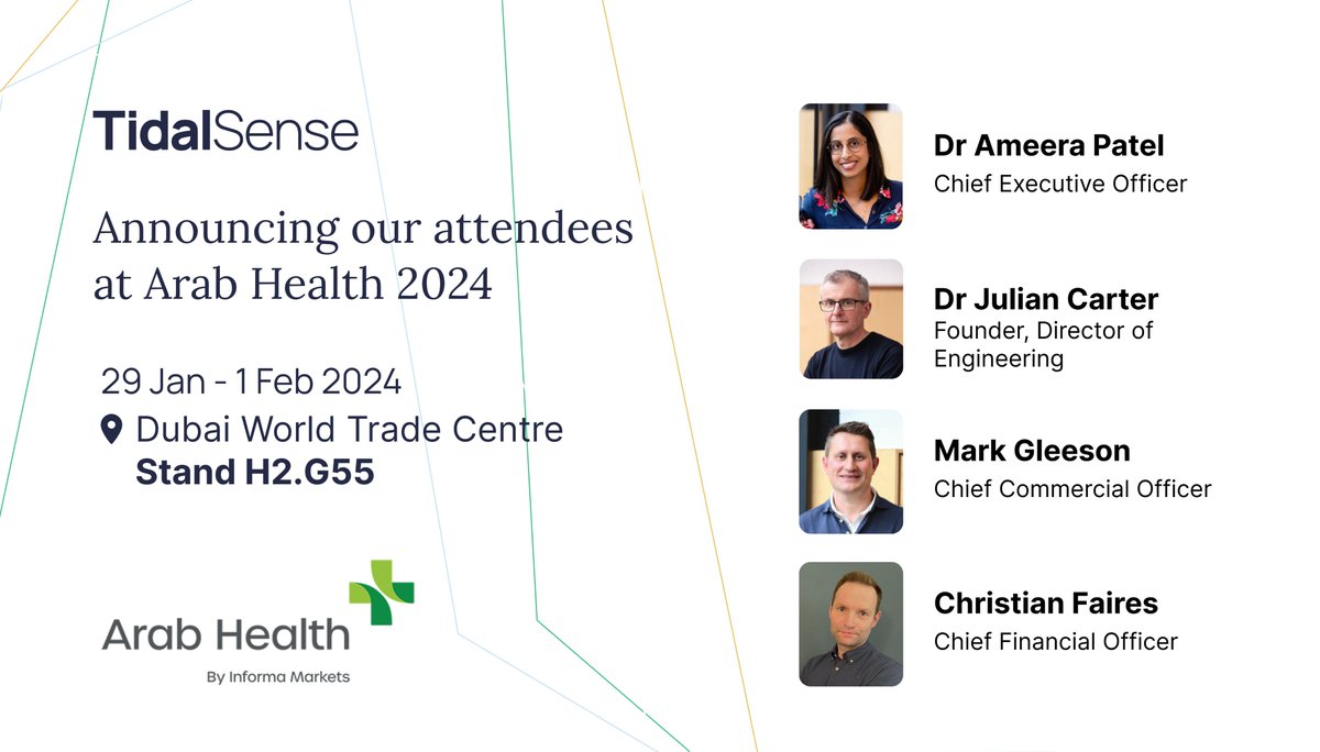 Meet the TidalSense team at Arab Health 

Our C-suite is ready to connect and share our vision for revolutionising respiratory healthcare with our N-Tidal technologies #ArabHealth2024