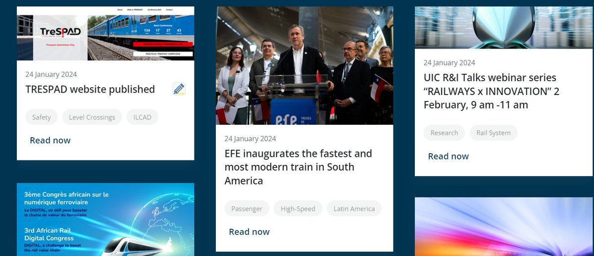 Please find the latest UIC eNews articles on the TRESPAD website @TrespassSuicide, the EFE inauguration of the fastest and most modern train in South America, the UIC R&I Talks webinar series on Railways and Innovation to be held on 2 February. uic.org/com/enews/