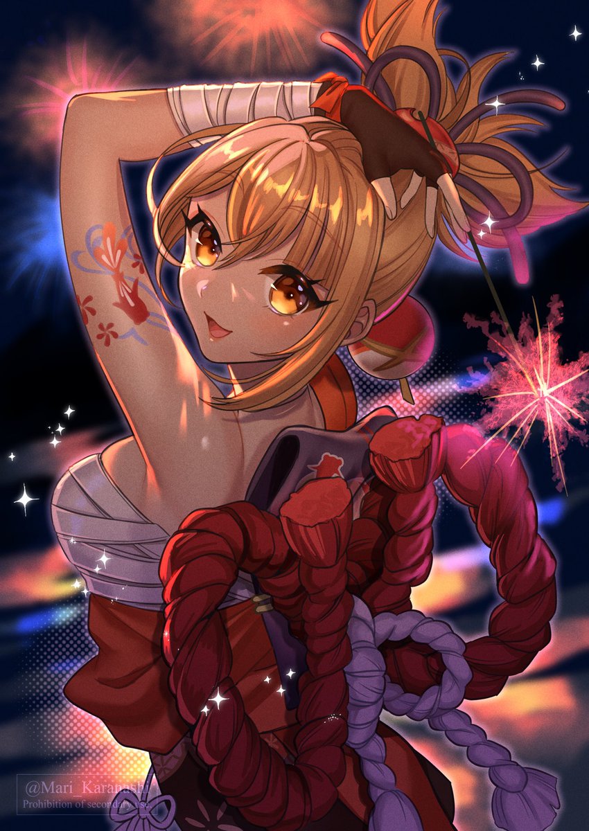 宵宮(原神) 「水鏡に映る花火 #宵宮イラストコンテスト #宵宮 #Yoimiya」|カラナシ マリのイラスト