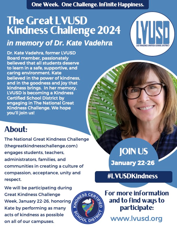 AgouraHS's tweet photo. AHS and all LVUSD schools will participate in the Great LVUSD Kindness Challenge in memory of Dr. Kate Vadehra. Check out our events at https://t.co/LipXQ0Wnk6 and learn more about how you can participate. #lvusdkindess #kindnessforKate #ChargeOn https://t.co/DdFd3MKebv