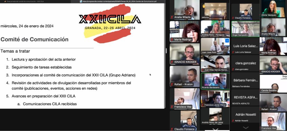 Excelente reunión del Comité Comunicacional <a href="/XXIICILA/">XXII CILA</a>  #CILAXXII, grandes sorpresas se están preparando para los técnicos asfalteros y sus acompañantes. Estar atentos a las redes sociales y a la página del evento congresocila.com

Granada, España 🇪🇸... Tu próximo destino!!