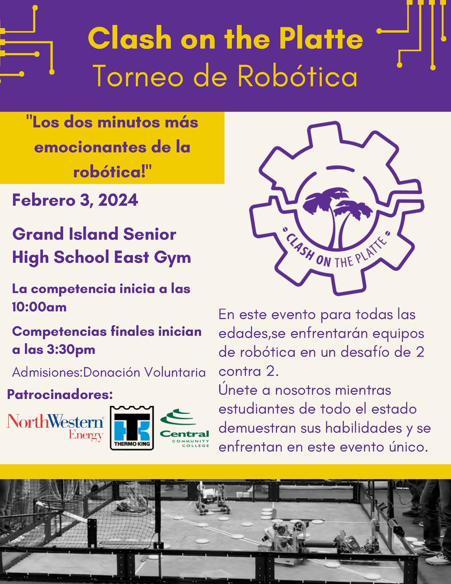 The 2nd Annual "Clash on the Platte" is comin-up!

<a href="/IslanderRobots/">Islander Robotics</a> will host their second ever home Robotics Tournament next weekend.

📅 - February 3rd
📍 - GISH East Gym
⌚️ - 10:00 a.m. - 3:00 p.m.
🎟️ - Free Will Donation

See you there! #IslanderPride