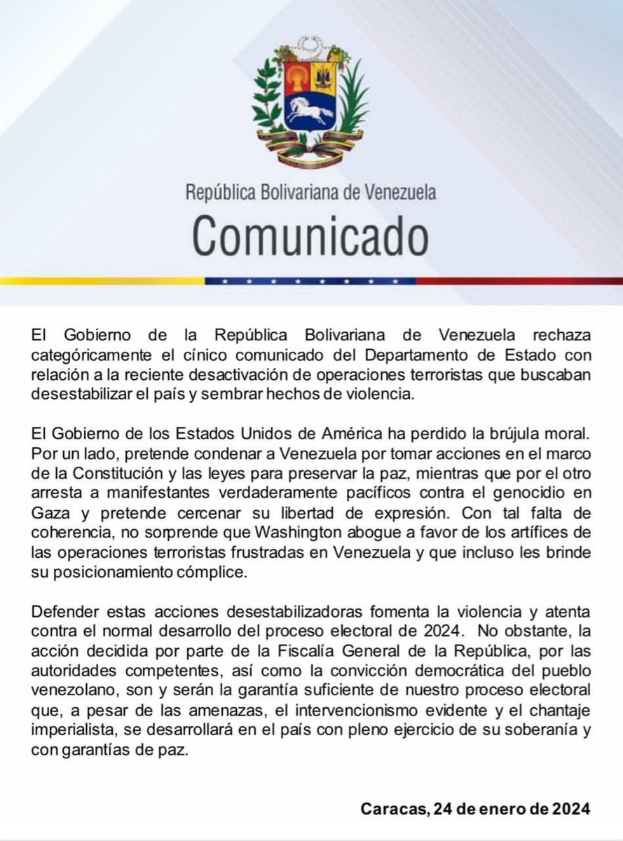 🇻🇪 Rechazamos el comunicado del Dpto de Estado USA, por ser inmoral, sobre las actuaciones constitucionales, contra quienes intentan actos terroristas y alterar La Paz de la Patria. Avanzamos para garantizar la protección del Pueblo, la Vida y La Paz. #7Transformaciones2030