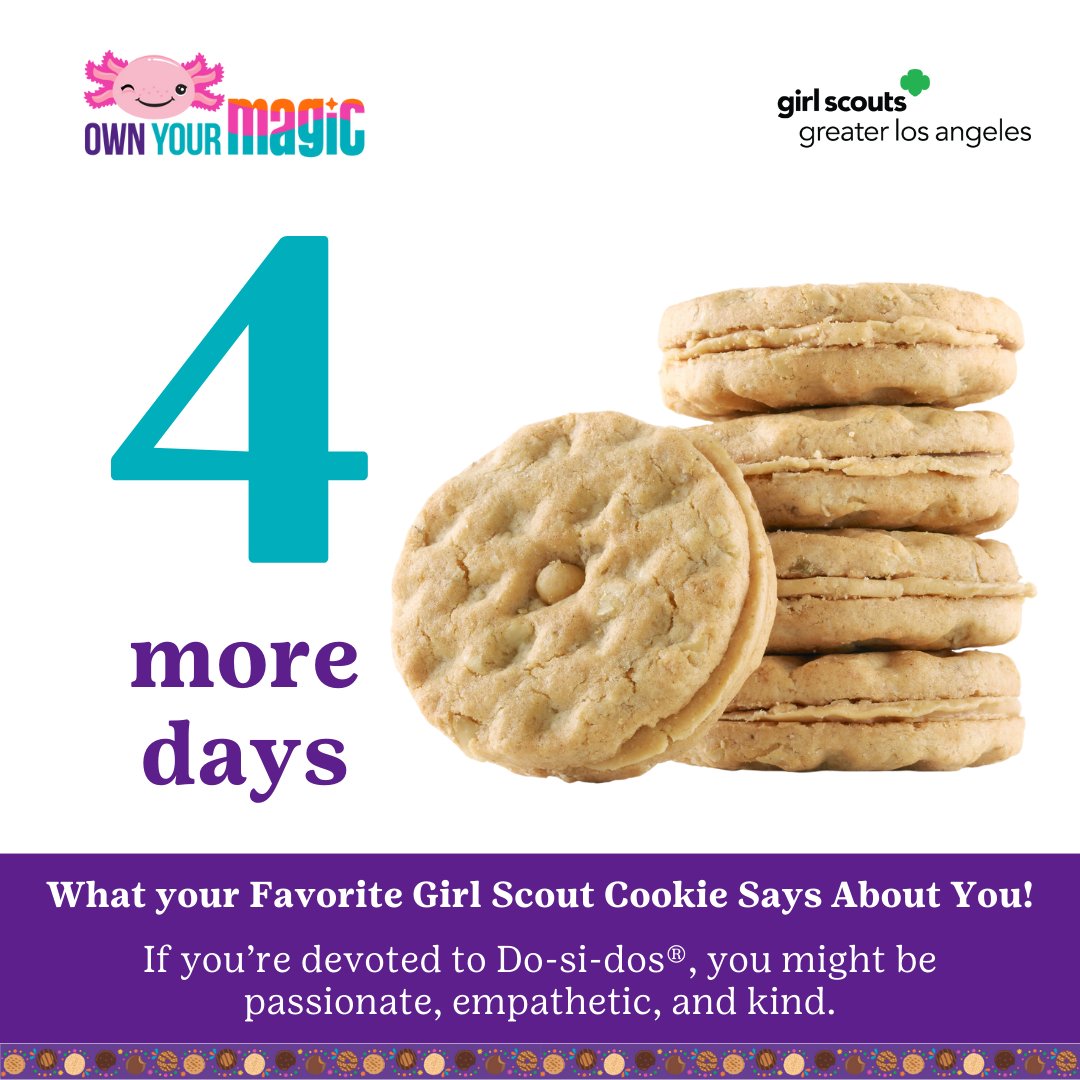 🍪🌟 Only 4 days until Do-si-dos! Get your taste buds ready for the perfect pairing of oatmeal cookies and creamy peanut butter. #DoSiDos #CookieCountdown #GirlScoutCookies #GSGLA girlscoutsla.org/en/cookies.html