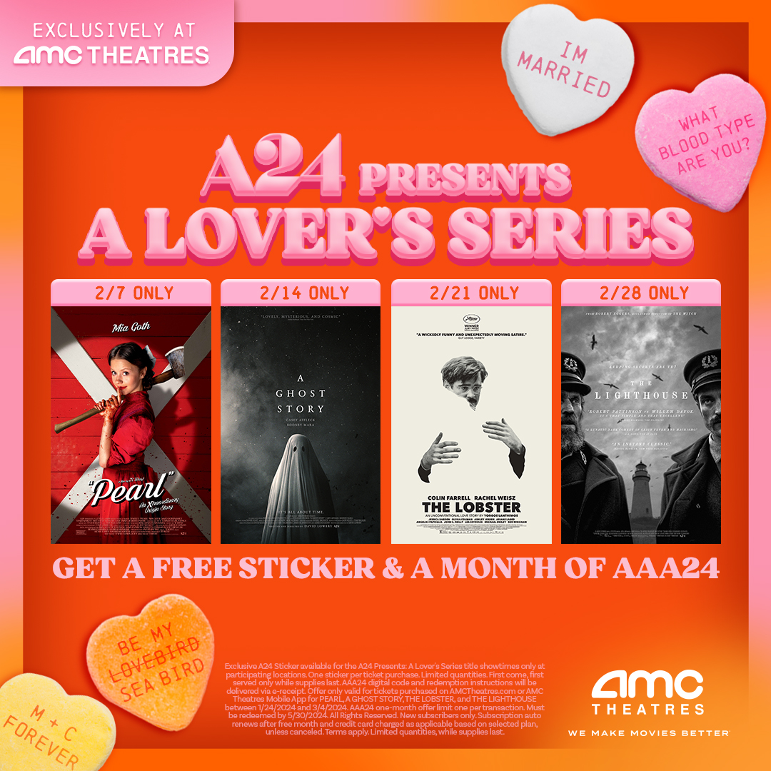 This February, see one or more of our most-loved A24 movies and receive a free month of perks from AAA24 and an exclusive A24 sticker while supplies last! ♥️ amc.film/48JxHgB