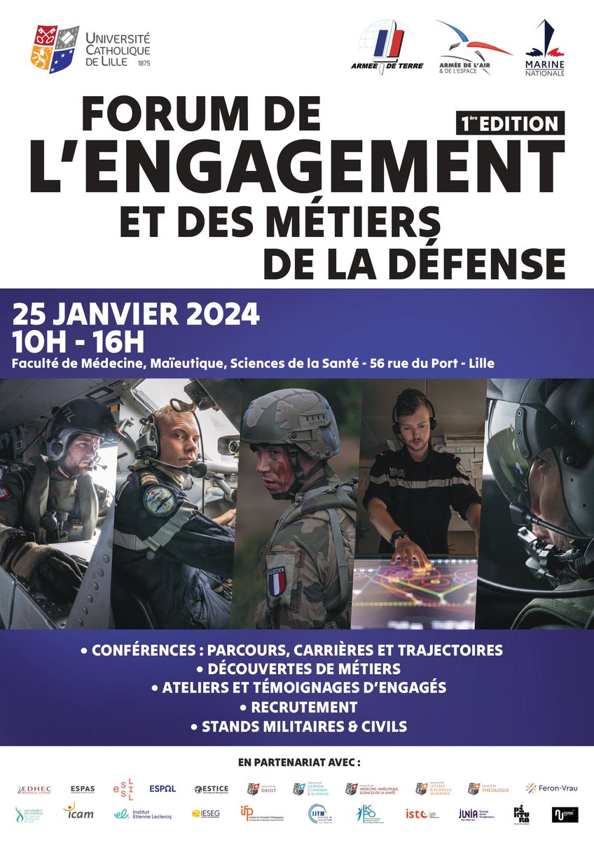 💡 Venez nous retrouver demain au Forum de l'engagement et des métiers de la Défense, organisé par l'Université Catholique de Lille ! Conférences, découverte des métiers, ateliers, témoignes, stands... ➡ 56 rue du Port à Lille, de 10h00 à 16h00. #MissionMaintenance