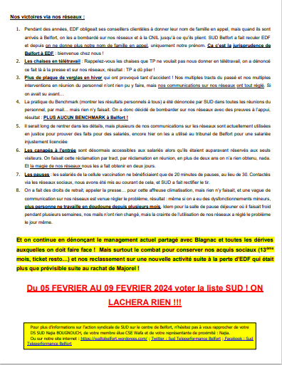 sudptt90tp's tweet photo. Voici notre tract Bilan de fin de mandature à Belfort !  Le combat continue !  Du 05 FEVRIER AU 09 FEVRIER 2024 voter la liste SUD ! ON  LACHERA RIEN !!! https://t.co/umYiQOCH3t