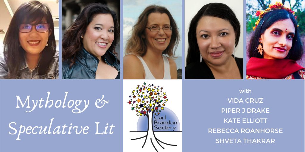 The Carl Brandon Society presents a virtual panel with @laviecestmoi, @PiperJDrake, @KateElliottSFF, @RoanhorseBex, and @ShvetaThakrar in conversation, diving into using and creating mythology in genre fiction. Watch it here: carlbrandon.org/2020/08/mythol…