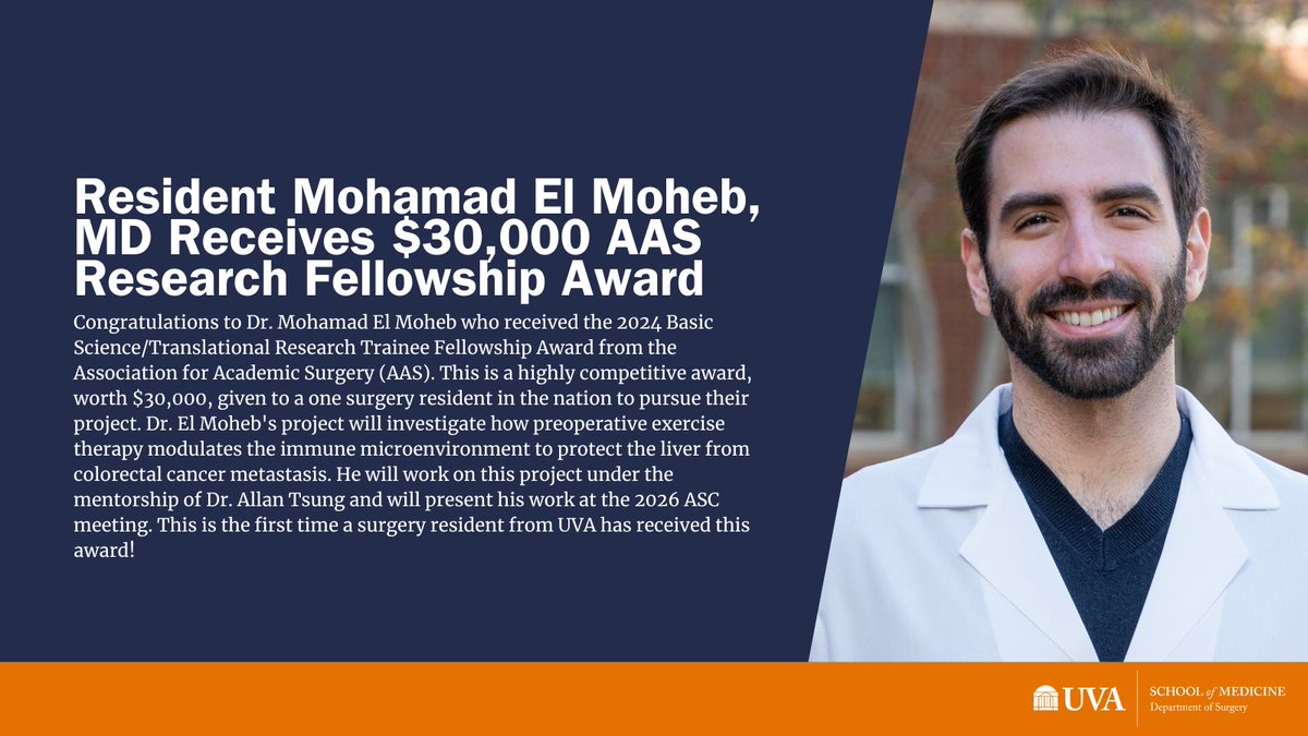 Congratulations to Resident Mohamad El Moheb, MD for receiving a highly competitive Research Trainee Fellowship Award from the Association for Academic Surgery @AcademicSurgery! His research will focus on preoperative exercise therapy as it affects colorectal cancer metastasis.