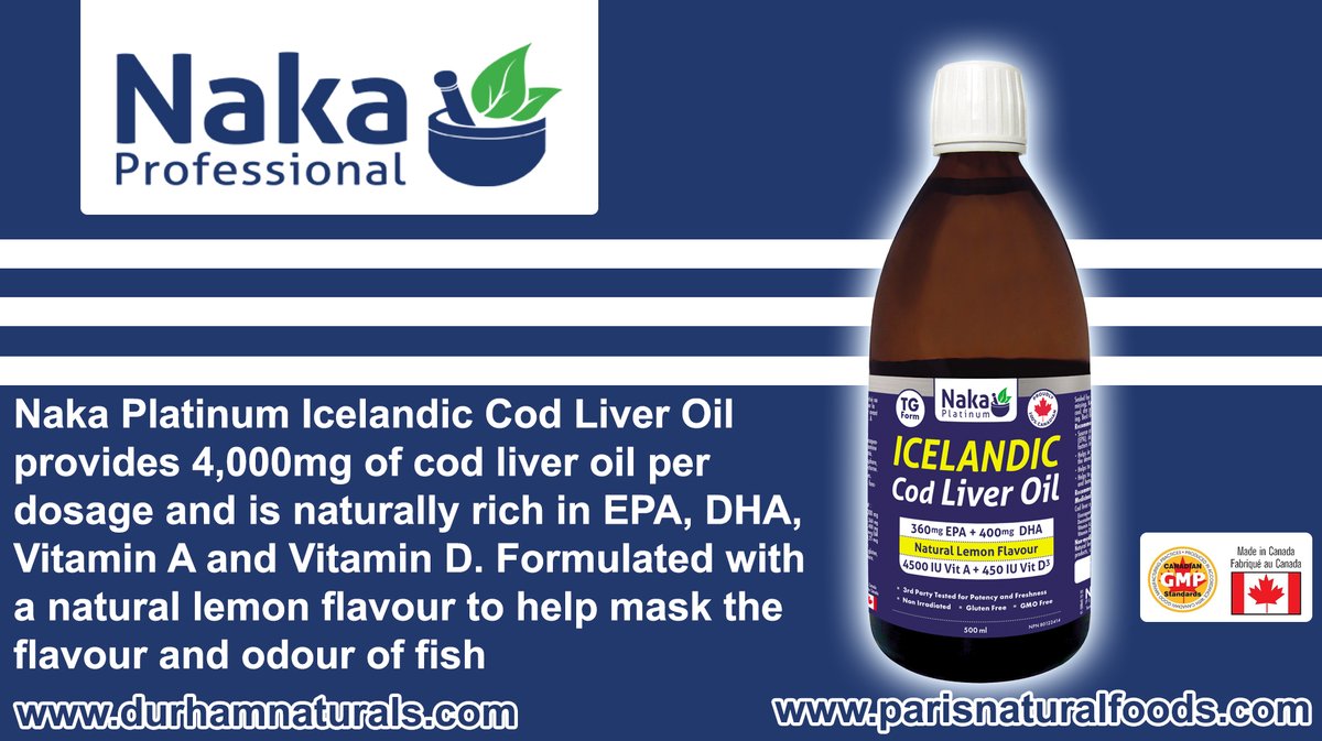 1500Paris's tweet image. Naka Icelandic Cod Liver Oil provides 4000mg of cod liver oil per dosage and is naturally rich in EPA, DHA, Vitamin A, and Vitamin D. Formulated with a natural lemon flavour to help mask the flavour and odour of fish. #nakaherbs #codliveroil #parisnaturalfoods #durhamnaturalfoods