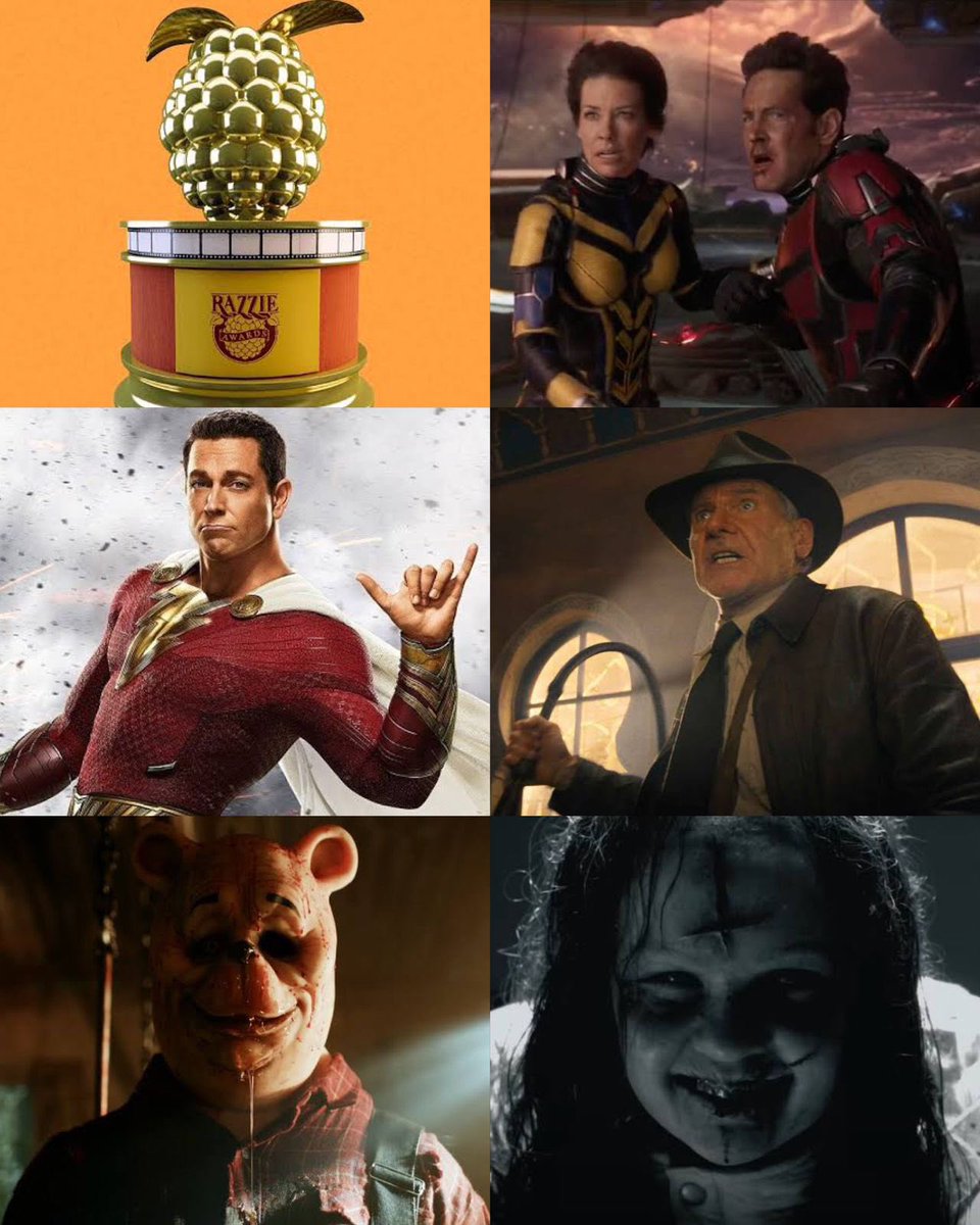 LO PEOR DE LO PEOR ❌🎬 Las nominaciones a los #Razzies, premios a lo peor del cine, fueron publicadas y cintas como #ShazamFuryOfTheGods, #AntManAndTheWaspQuantumania, #IndianaJonesAndTheDialOfDestiny, #WinnieThePoohBloodAndHoney, #TheExorcistBeliever lideran las categorías para…