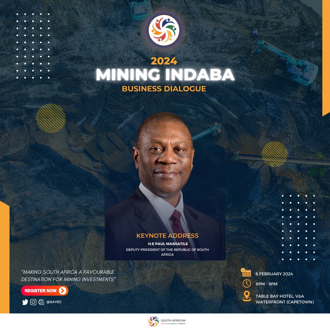 [2nd ANNUAL MINING INDABA BUSINESS DIALOGUE: KEYNOTE SPEAKER] Joining us as our keynote speaker for the upcoming Mining Indaba Business Dialogue is H.E Deputy President Paul Mashatile. We look forward to having the DP @PMashatile and facilitating his engagement with the youth!