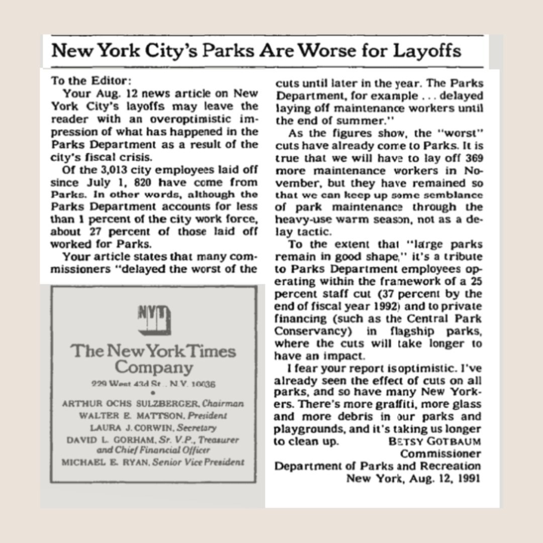 NaturalAreasNYC's tweet photo. Budget cuts to parks are not new for NYC. This @nytimes letter to the editor from 1991 says it all. Mayor Adams can turn decades of disinvestment around, but only if he reinstates NYC Park's budget. Let's not go back to the early 90s! Send letter: https://t.co/fLiTLnF0Ti https://t.co/Vnwv8nFICP