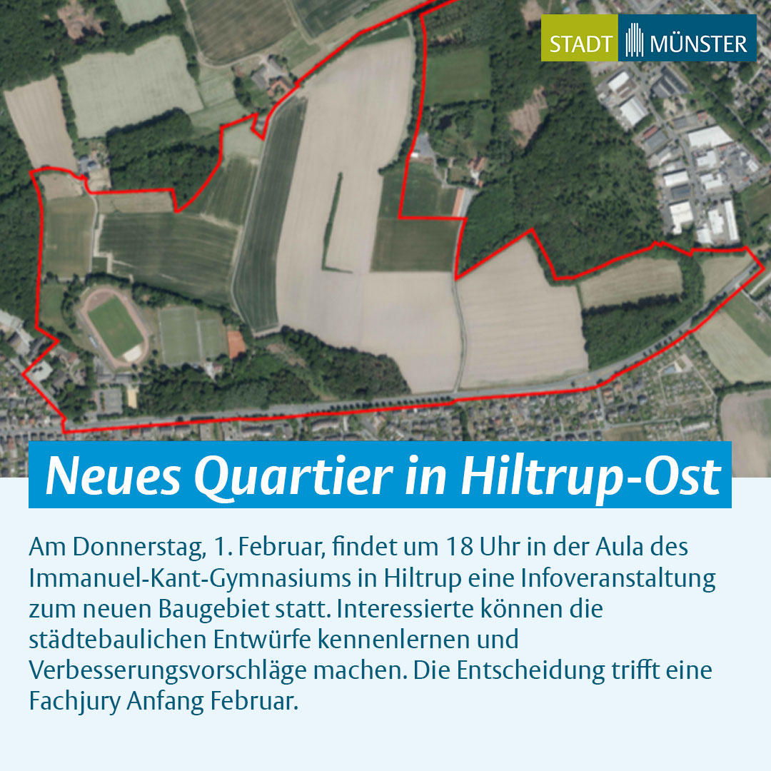 Bald wird eine Fachjury über das neue Quartier Hiltrup-Ost entscheiden. Vorher gibt's eine Info-Veranstaltung: Am 1.2. um 18 Uhr in der Aula des Immanuel-Kant-Gymnasiums könnt ihr die Pläne kennenlernen und Verbesserungen vorschlagen. ➡️stadt-muenster.de/stadtplanung/b…