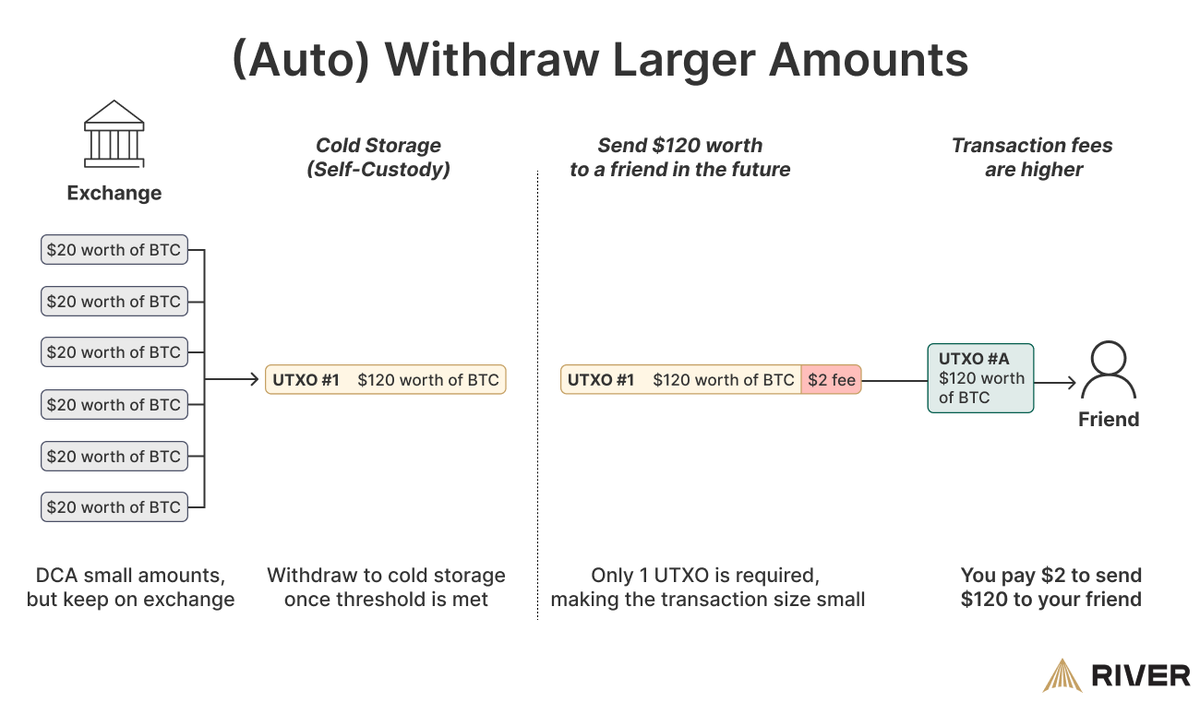 Solution: Withdraw larger amounts at once! You decide the threshold. Or use  Lightning! River uses a 0.005 BTC min for auto-withdrawals. There is some  trust in our full reserve approach here. Worried