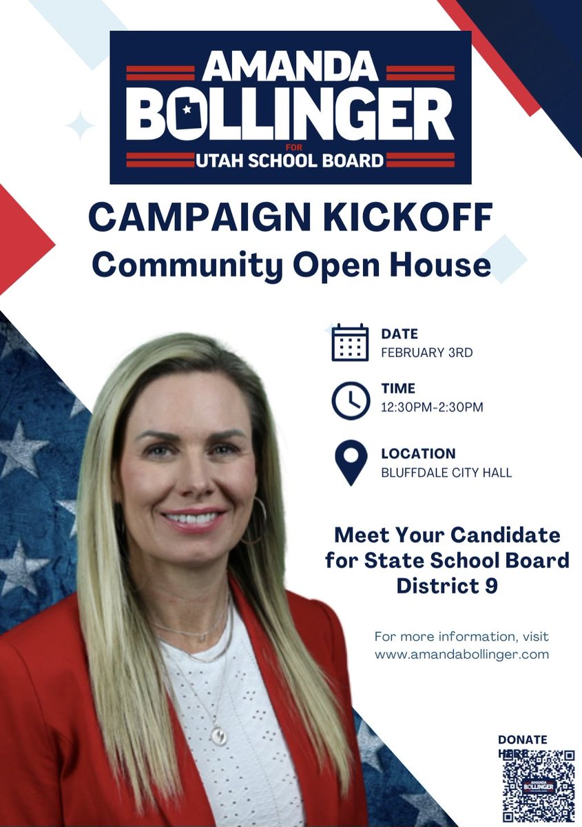 DrABBollinger's tweet image. Join us for Amanda&apos;s Campaign Kickoff this Saturday, Feb. 3! @bluffdalecity #uted #utpol #elevateeducationinutah #amanda4schoolboard