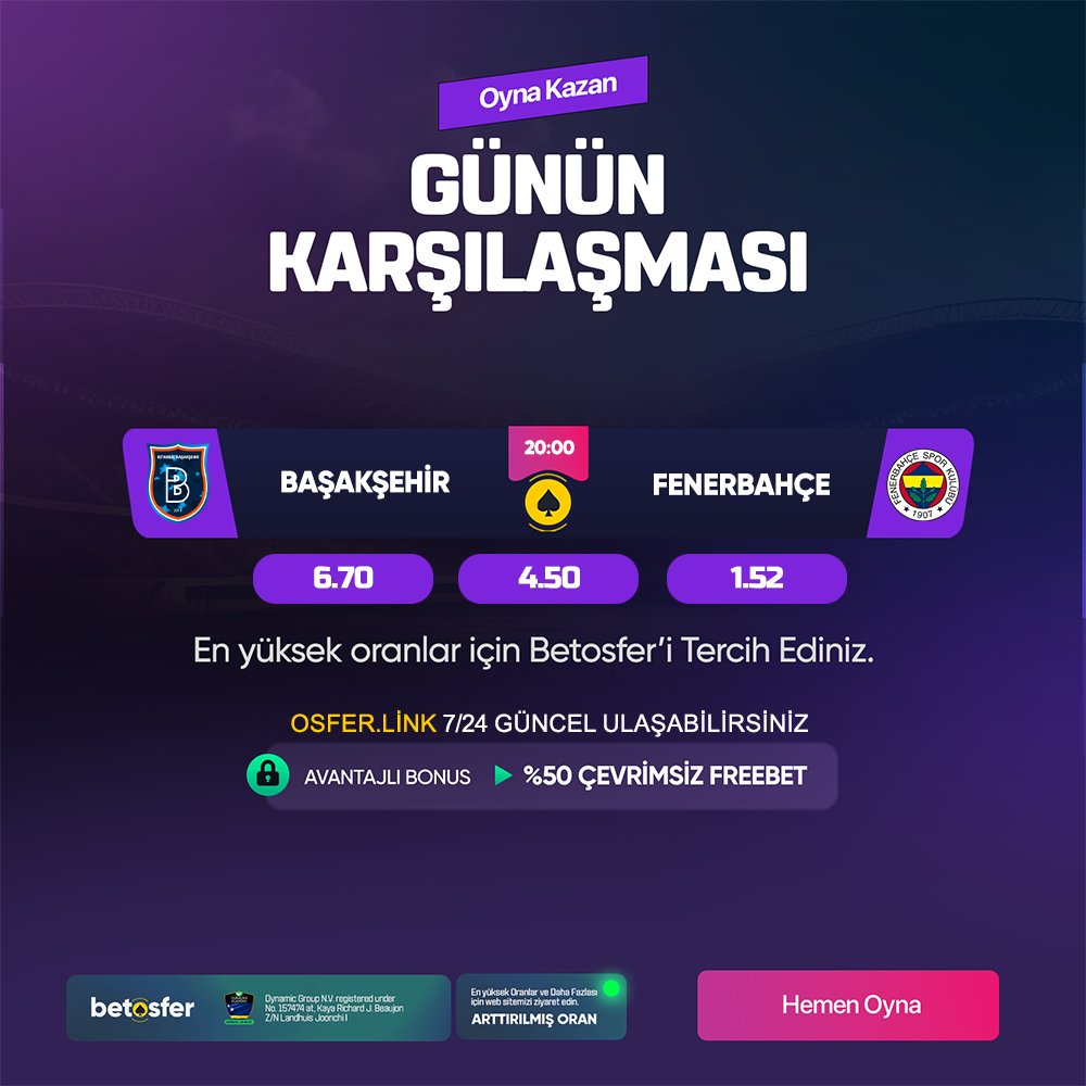 ⚽ Günün favori karşılaşmaları en yüksek oranlar ve avantajlı bonuslarla #Betosfer'de!

⏰20:00 #İBFKvFB
🏟 #Başakşehir - #Fenerbahçe

🏆Uluslararası Lisans Güvencesiyle özgürce oynayın

📺Kesintisiz maç keyfini arttırılmış oranlarla Betosferde yaşayın

🌍 bit.ly/Betosferadres