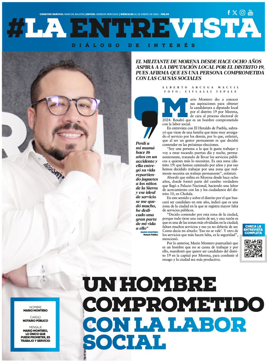 marioamontero's tweet image. ¡Les comparto la entrevista que me realizó ✍🏻 el @HeraldoPue!

Hablamos de mi compromiso con la 🙌🏻 labor social, la familia y las aspiraciones a la Diputación Local por el #Distrito19.

Si les interesa saber más sobre mí, les invito a leerla completa 👇🏽 heraldodepuebla.com/2024/01/23/soy…