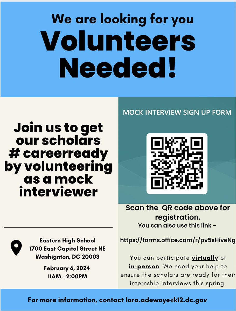 Mock interviews for our scholars. Volunteers needed, please sign up. @EasternMarching @Eastern_PTO @EasternHS @careertechdc @dcpscte