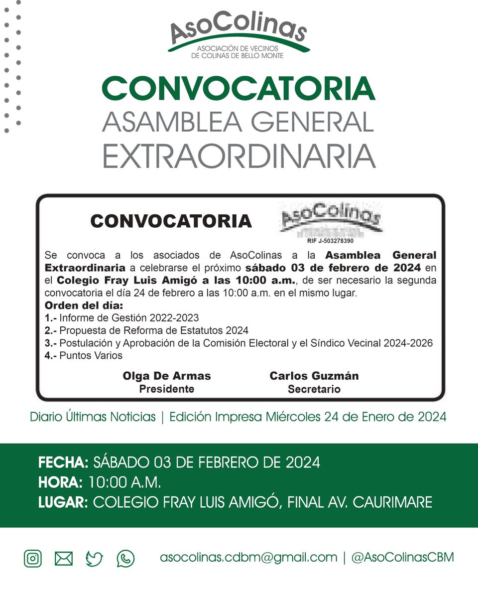 Se convoca a los asociados de AsoColinas a la Asamblea General Extraordinaria a celebrarse el día sábado 03 de febrero de 2024 en el Colegio Fray Luis Amigó a las 10:00 a.m