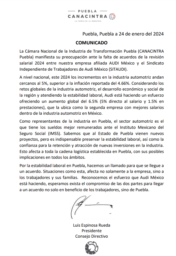 JCarlos_Valerio's tweet photo. Postura de Canacintra #Puebla, ante la falta de acuerdos entre #Audi México y SITAUDI. https://t.co/xPkIA7FJLT