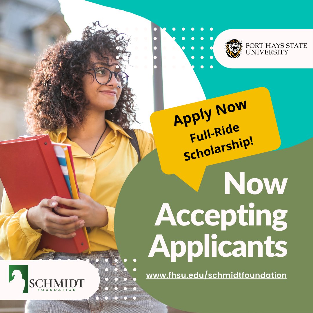 fhsuadmissions's tweet photo. The scholarship is a full-ride award to @FortHaysState! It includes 30 hours of tuition &amp; fees for fall &amp; spring courses, books, room &amp; board. Learn more and apply today at https://t.co/6L8PHnl594 #fhsu #scholarships #fullride #schmidtfoundation https://t.co/XJGn5LUzVr