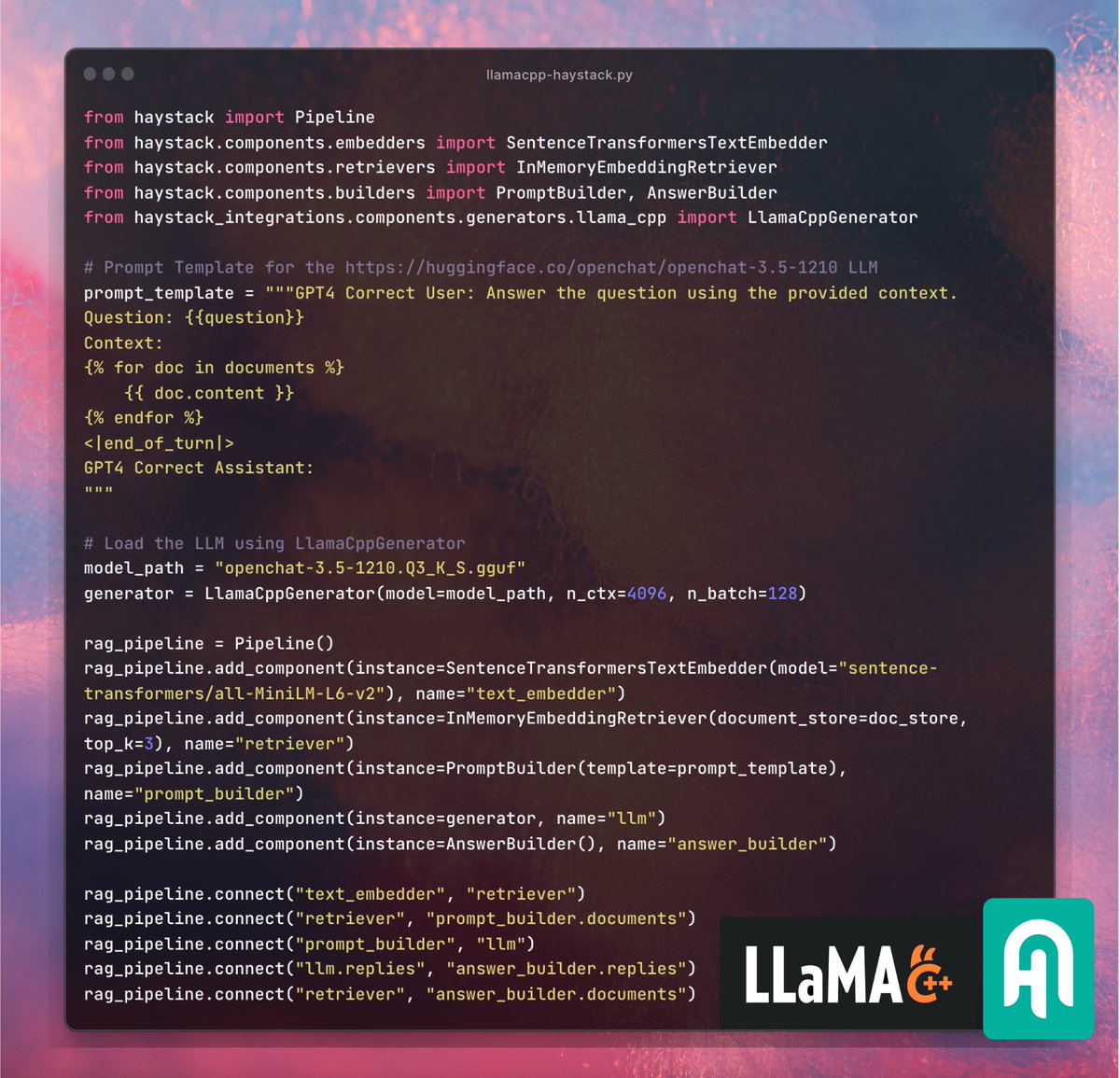 Bilge (@bilgeycl) on Twitter photo With llama.cpp integration of <a href="/Haystack_AI/">Haystack</a> (kudos to <a href="/awinml/">Ashwin Mathur</a>), you can use local LLMs in your pipelines. Just follow these steps👇
1️⃣ Install llama.cpp for your preferred compute backend: github.com/abetlen/llama-…
2️⃣ Install llama-cpp-haystack integration: haystack.deepset.ai/integrations/l… With llama.cpp integration of <a href="/Haystack_AI/">Haystack</a> (kudos to <a href="/awinml/">Ashwin Mathur</a>), you can use local LLMs in your pipelines. Just follow these steps👇
1️⃣ Install llama.cpp for your preferred compute backend: github.com/abetlen/llama-…
2️⃣ Install llama-cpp-haystack integration: haystack.deepset.ai/integrations/l…