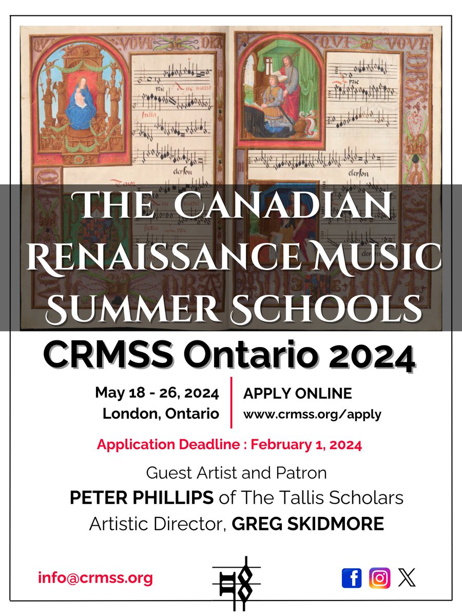 Canadian Renaissance Music Summer Schools (@canrenmusss) on Twitter photo CRMSS Ontario 2024 is going to be the best CRMSS course yet. Applications are still open, but the deadline is Thursday, February 1st. crmss.org/apply CRMSS Ontario 2024 is going to be the best CRMSS course yet. Applications are still open, but the deadline is Thursday, February 1st. crmss.org/apply