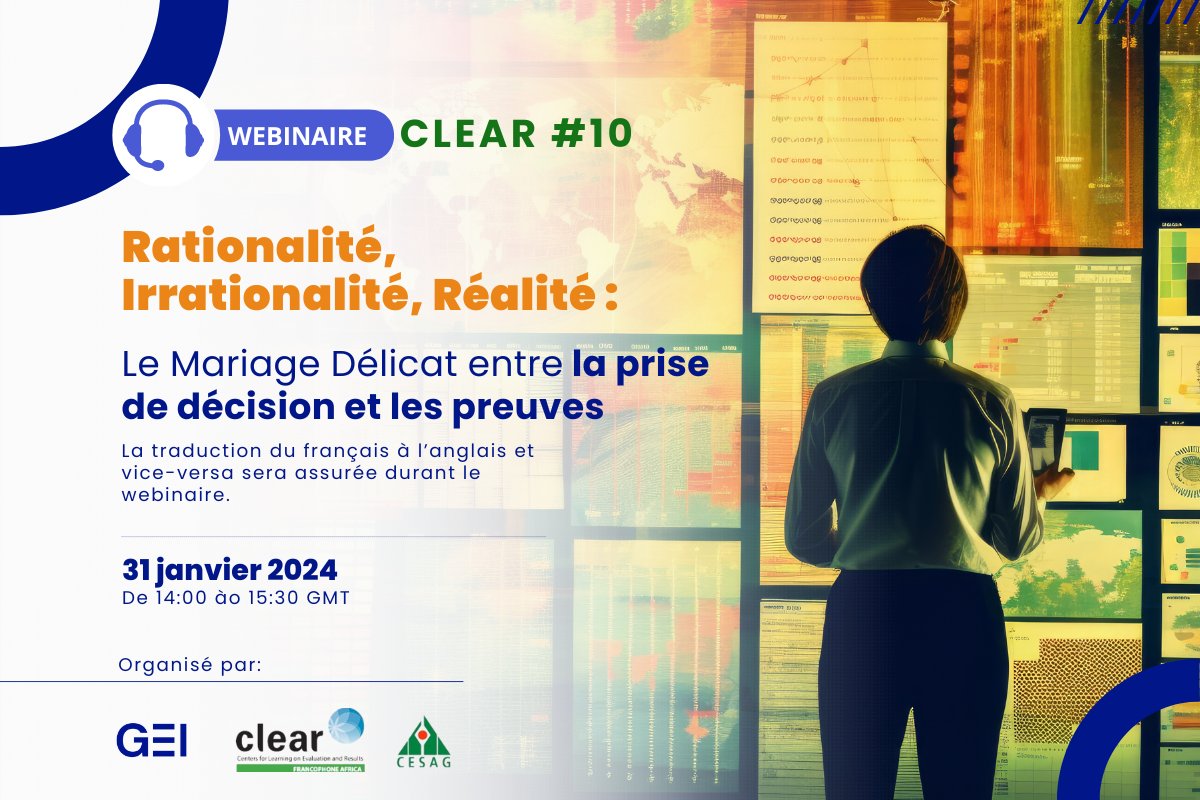 ❔ Vous êtes 1 décideur réaliste ?
Vous prenez vos décisions en vs basant sur des preuves ?
Oui? Nous avons beaucoup à apprendre de vs !
Rejoignez notre webinaire avec <a href="/GEI_GlobalEval/">Global Evaluation Initiative</a> &amp; aidez-nous à trouver des moyens pour améliorer l'usage de preuves ds le processus décisionnel.