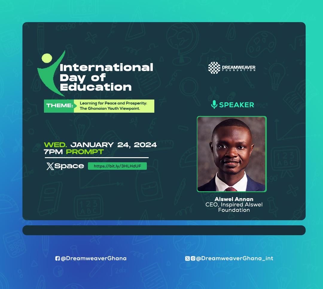 I'll be speaking today alongside the Deputy Director of GES, Dr. Tandoh, Former  Nugs Prez, Dennis Larbi, and other speakers. We'll be discussing the theme "Learning for Peace and Prosperity: The Ghanaian Youth Viewpoint" to commemorate the International Day of Education.