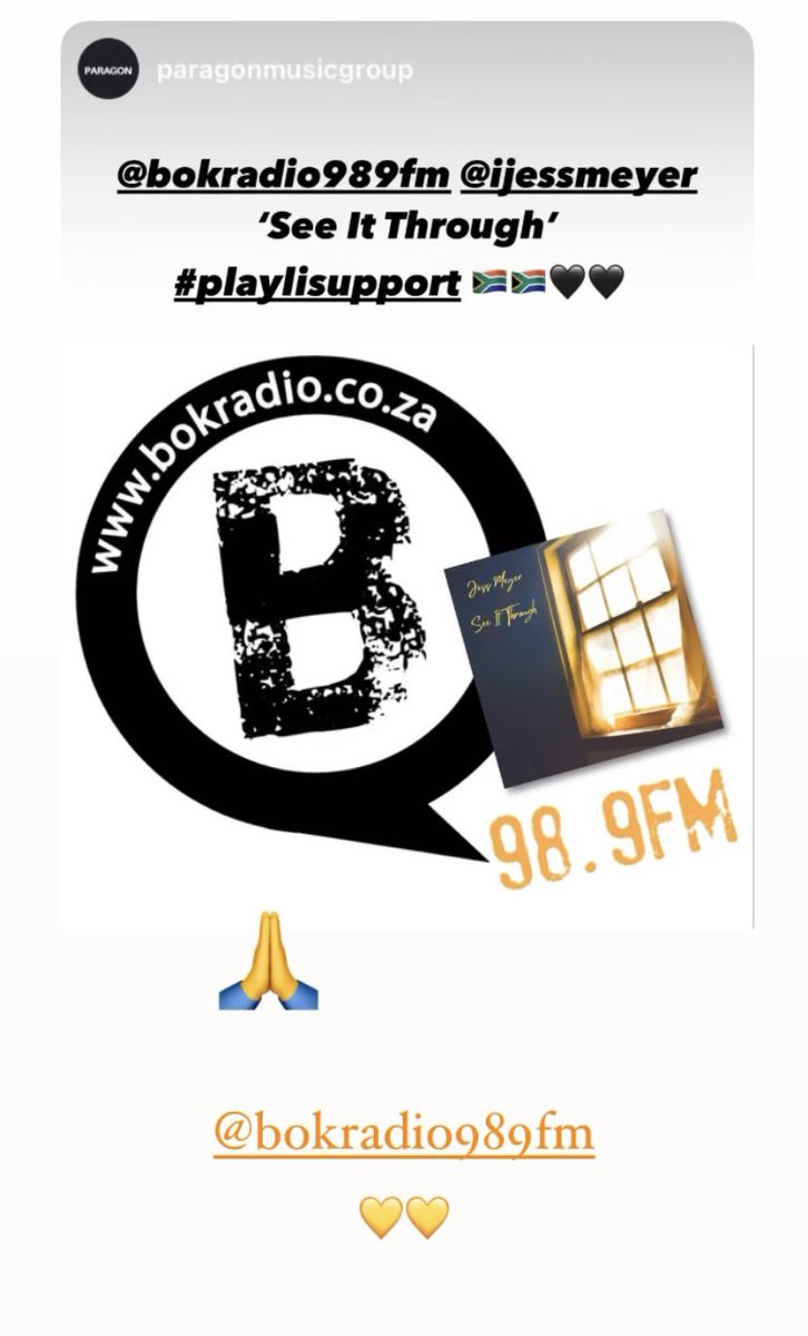 Jess Meyer (@ijessmeyer) on Twitter photo I wanted to say a massive thank you to <a href="/BokRadio/">Bok Radio 98.9fm</a> for the playlist support on my latest release ‘See It Through’ 💛
💛💛💛
<a href="/ParagonMGroup/">Paragon Records</a>
#newmusic #newmusic2024 #radio #southafrica #capetown #seeitthrough #originalsong #spotify #SouthAfrican #lekker I wanted to say a massive thank you to <a href="/BokRadio/">Bok Radio 98.9fm</a> for the playlist support on my latest release ‘See It Through’ 💛
💛💛💛
<a href="/ParagonMGroup/">Paragon Records</a>
#newmusic #newmusic2024 #radio #southafrica #capetown #seeitthrough #originalsong #spotify #SouthAfrican #lekker