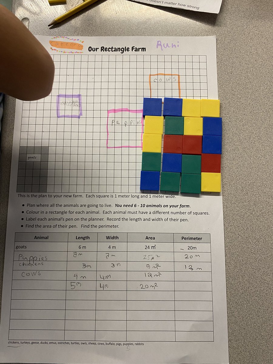 janjanrhude's tweet image. Grade 4s planned out their dream farms today!  We are problem solving area using representational and abstract thinking, but concrete if we need it!  Great job 4s!  #TLDSBMath
