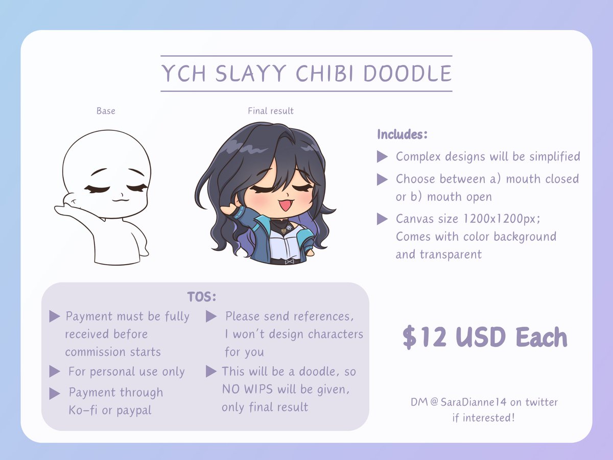 Hey guys, I decided to open these little YCH Slayyy chibi doodle commissions. I was inspired by the 7TV slay emotes I saw on my friend's twitch channels lol. 

DM me on twitter if you're interested 💁🏽 
#ychcommission