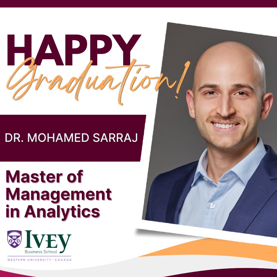 A huge congratulations to Dr. Mohamed Sarraj (PGY5) on earning his Master of Management in Analytics Degree from Ivey Business School, Western University! #WeAreMacOrtho #mastersgraduate🎓