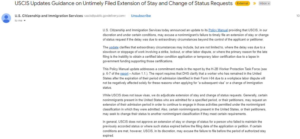 immigrationgirl's tweet photo. USCIS updates policy on "nunc pro tunc" filings: Late applications due to a government shutdown now count as extraordinary circumstances. No more separate announcements for shutdown-caused delays. #USCISUpdates #ImmigrationLaw #GovernmentShutdown #LegalNews #PolicyChange https://t.co/hRE21oZZXq