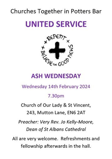 Do join us on #AshWednesday (Wednesday 14th February 7:30pm) at Our Lady & St Vincent RC church for a united service. Let’s start #Lent worshipping together as the body of Christ. #ChurchesTogether