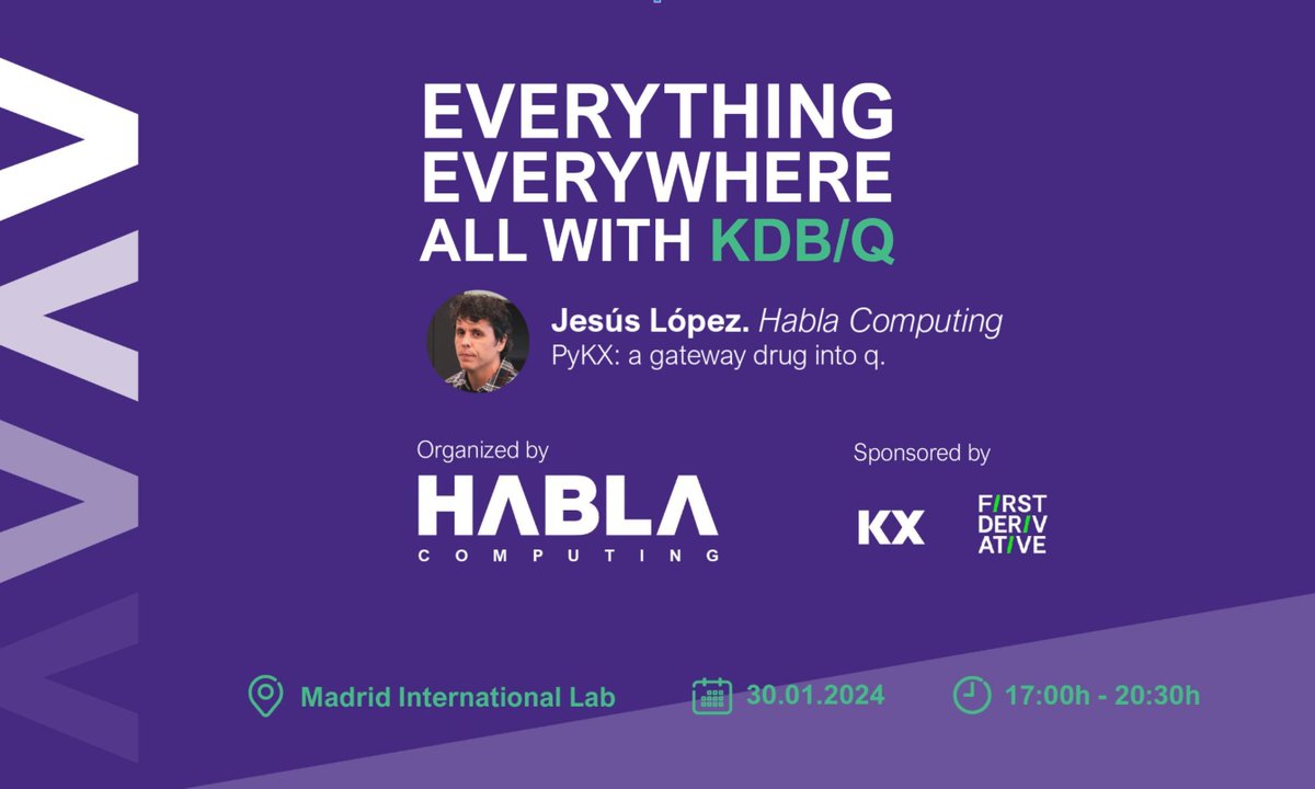 🌟 Exciting Talk Alert! 🌟

🔍 Dive into the Fascinating World of PyKX with Jesús López-González

Discover how PyKX seamlessly bridges the high-performance capabilities of kdb with the versatile Python environment. 

🔗meetup.com/fp-madrid/even…