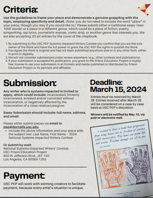If you know a writer✍️ in your #prisoneducation #reentry or #carceraleducation spaces that would be interested, check out this #creativewriting award for systems-impacted writers! The deadline is March 15th
<a href="/USCDornsife/">USC Dornsife College of Letters, Arts & Sciences</a> <a href="/BrandeisPress/">Brandeis University Press</a> <a href="/BrandeisU/">Brandeis University</a>
