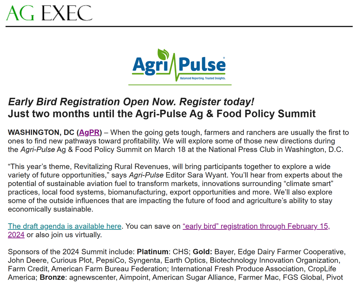 Early Bird Registration Open Now. Register today!
Just two months until the Agri-Pulse Ag &amp; Food Policy Summit. agnewscenter.com/archives.cfm?n… #agpolicy <a href="/agripulse/">Agri-Pulse Communications</a> via AgPR.com | <a href="/agnewscenter/">agnewscenter AgPR</a>