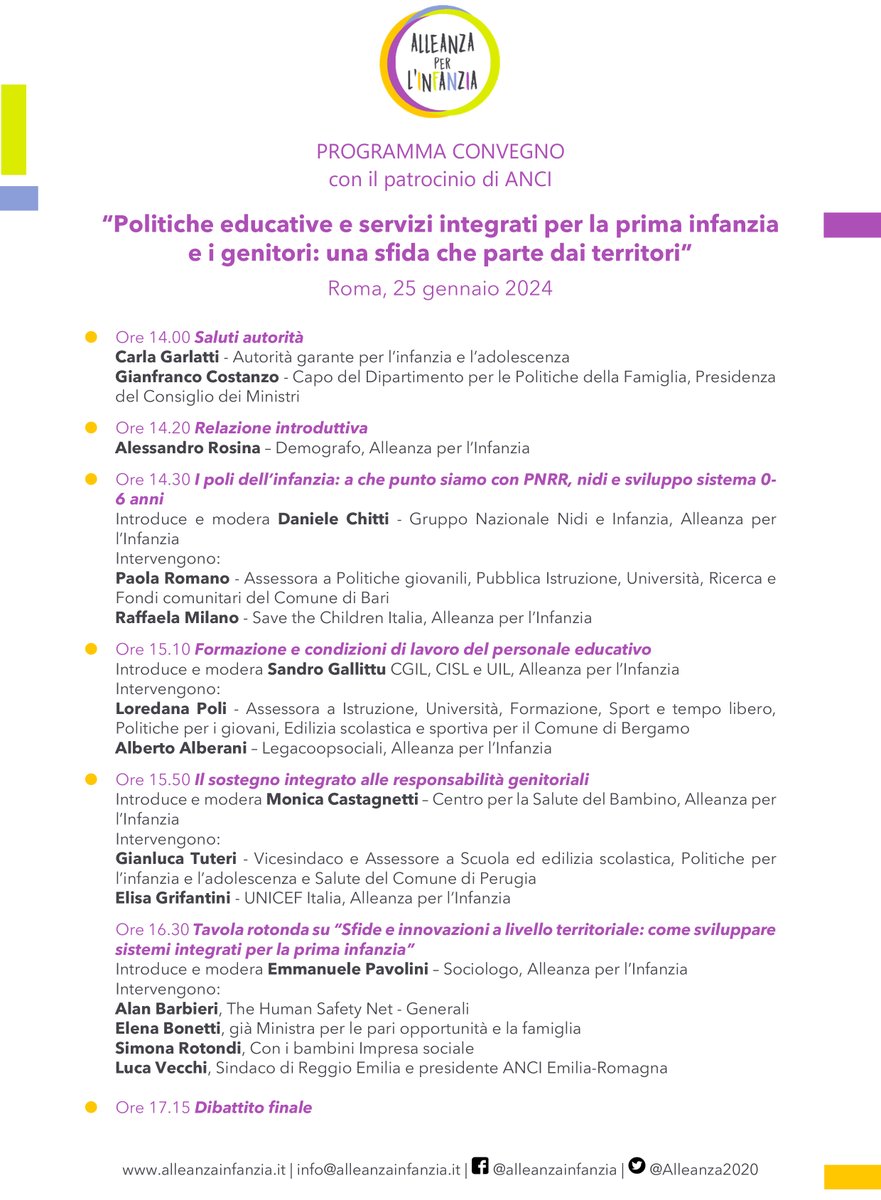 DOMANI 25 gennaio 2024 dalle ore 14 alle 18 si terrà a Roma il Convegno di <a href="/Alleanza2020/">Alleanza per l'Infanzia</a> con il patrocinio di #ANCI
“Politiche educative e servizi integrati per la prima infanzia e i genitori: una sfida che parte dai territori”
Scopri il programma: go.shr.lc/4aMLkwS