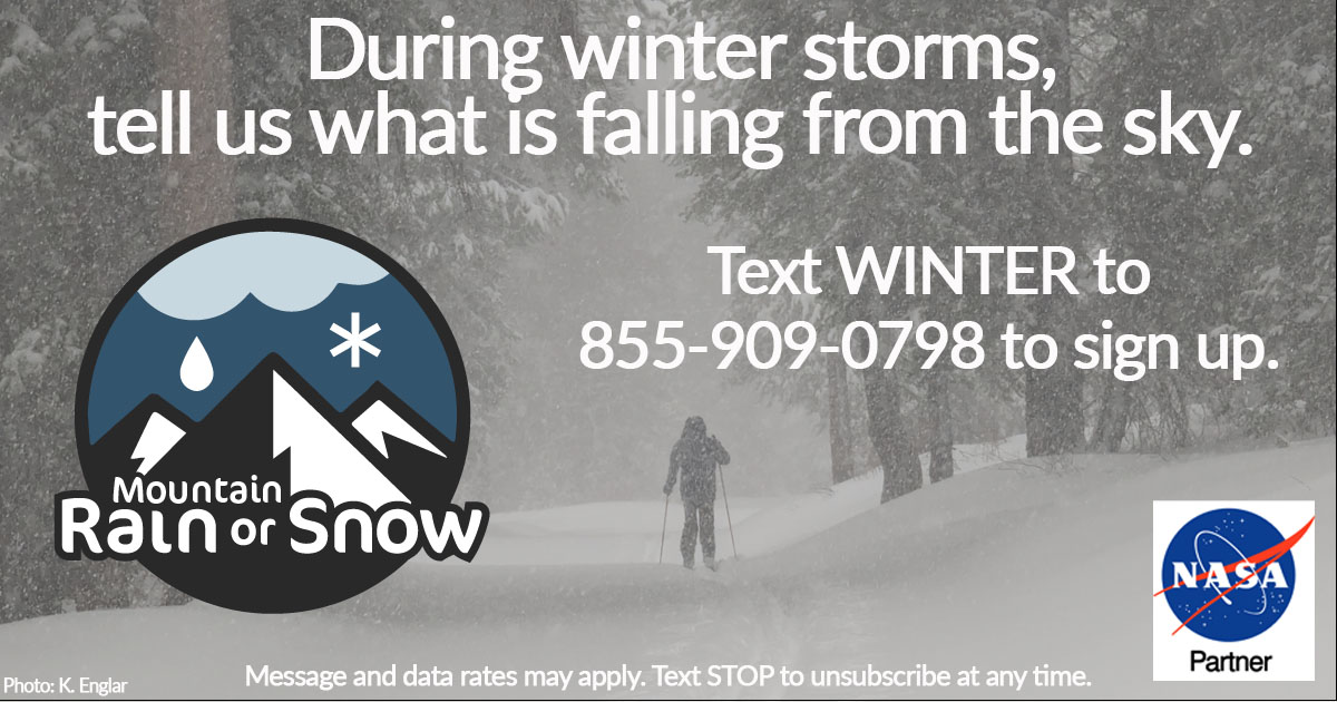We are partnering with the Mountain Rain or Snow team to grow the community of observers to improve the ways that we track the changes in rain, snow, and mixed precipitation during winter storms. (1/5)