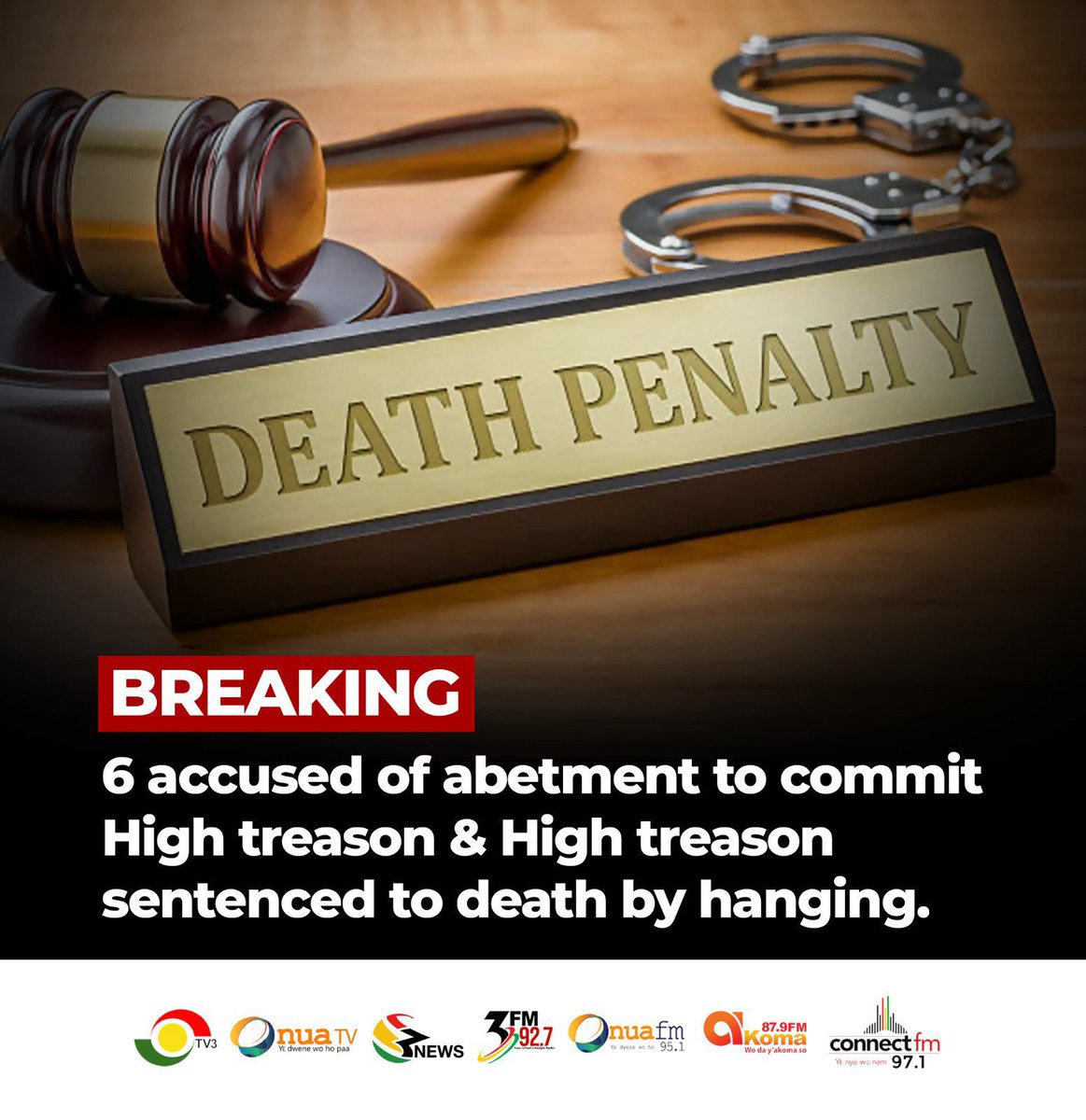 SIKAOFFICIAL1's tweet photo. The Accra High Court has convicted six individuals, among them three soldiers, of high treason. 

They have been sentenced to death by hanging for their participation in a plot to overthrow the government. https://t.co/CmykUTEX2P