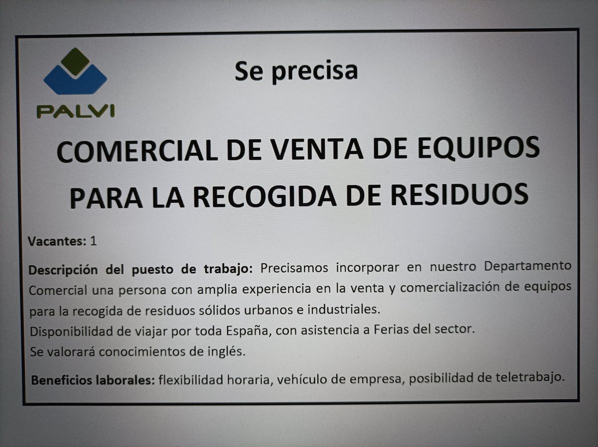 palvisl's tweet photo. OFERTA DE EMPLEO EN PALVI

Para incorporación al Departamento Comercial

contactar directamente al e-mail: palvi@palvi.net https://t.co/oncHmCtGtr
