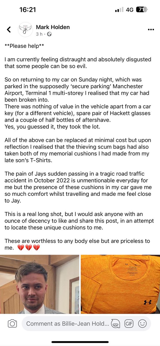 Our Son’s memorial Cushions stolen from car Manchester Airport please RT <a href="/MENnewsdesk/">Manchester News MEN</a> <a href="/News1Manchester/">Manchesternews</a>