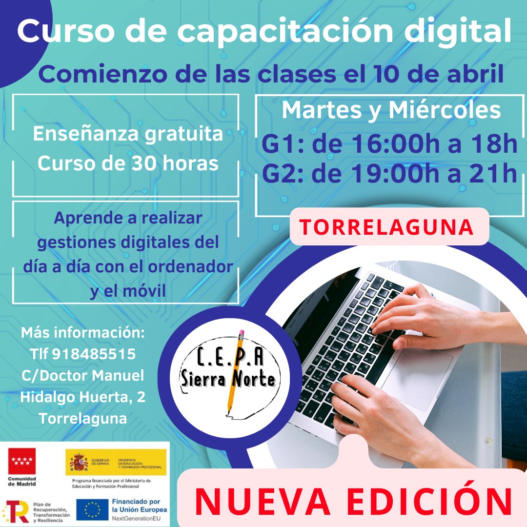 CEPA Sierra Norte - 🇪🇺Centro Erasmus+🇪🇺 (@cepasierranorte) on Twitter photo Ya puedes apuntarte a una nueva edición del curso de capacitación digital en Torrelaguna que se desarrollará de abril a junio.
Puedes inscribirte en nuestra sede de Torrelaguna Ya puedes apuntarte a una nueva edición del curso de capacitación digital en Torrelaguna que se desarrollará de abril a junio.
Puedes inscribirte en nuestra sede de Torrelaguna